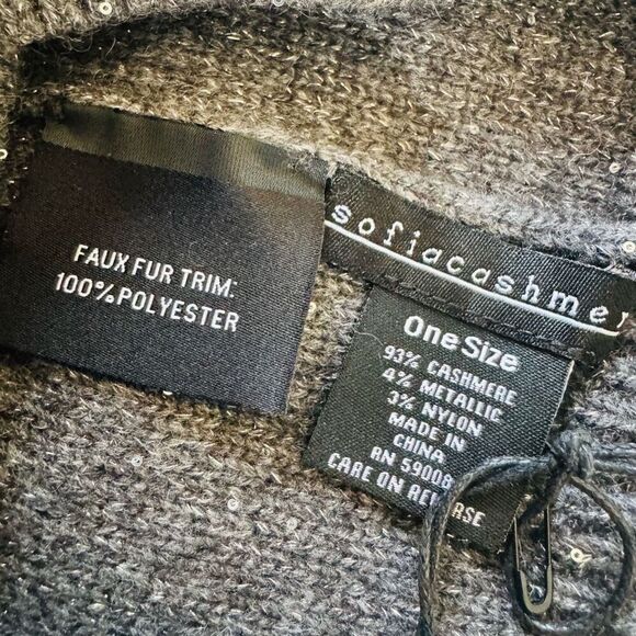 Sofia Cashmere Sequin 100% Cashmere Beanie with Faux‎ Fur Pompom Gray/Black, NWT - Picture 4 of 14